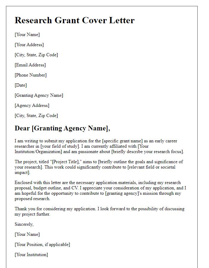 Letter template of a research grant cover letter for early career researchers