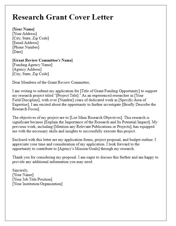 Letter template of a research grant cover letter for experienced researchers