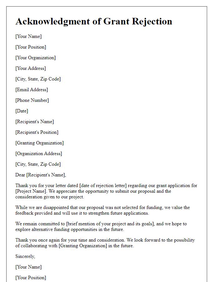 Letter template of acknowledgment for grant rejection response