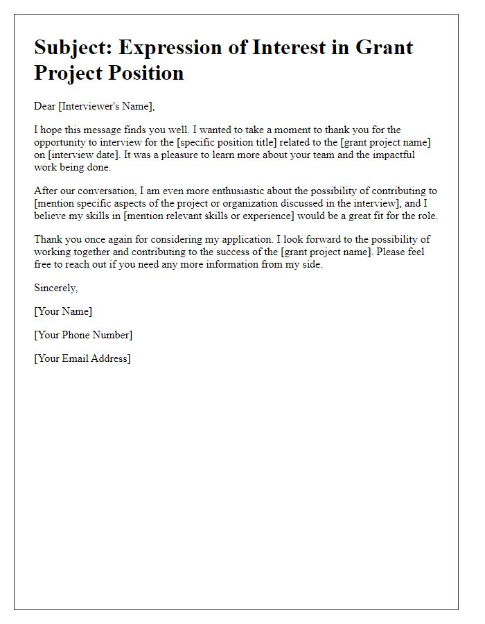 Letter template of expressing interest in grant project post-interview