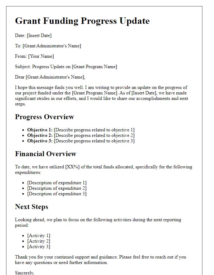 Letter template of funding progress communication for grant.