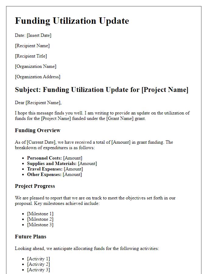 Letter template of funding utilization update for grant project.