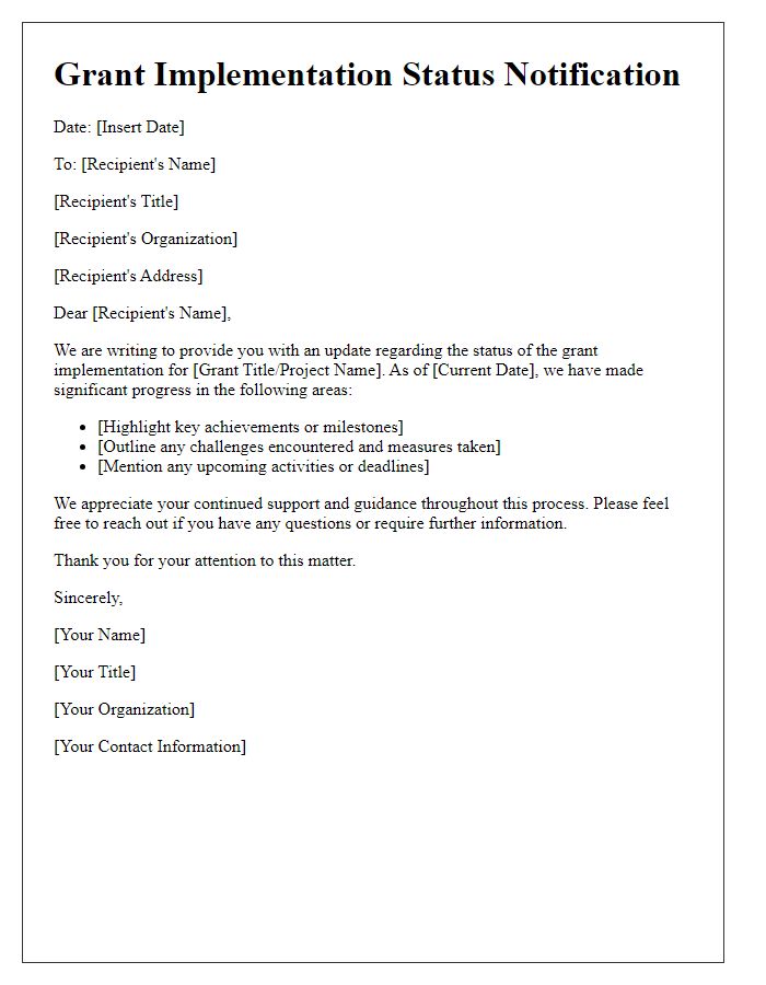 Letter template of grant implementation status notification.