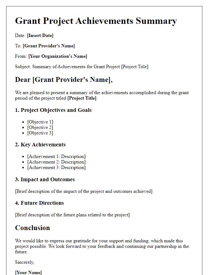 Letter template of grant project achievements summary.