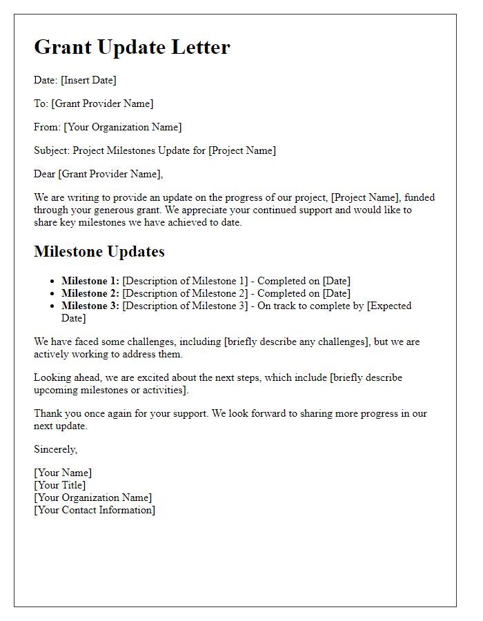 Letter template of grant update for project milestones.