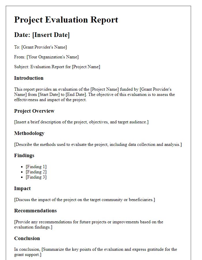 Letter template of project evaluation report for grant support.