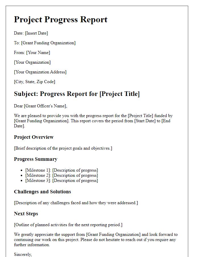 Letter template of project progress report for grant funding.