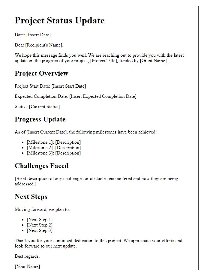 Letter template of project status update for grant recipients.