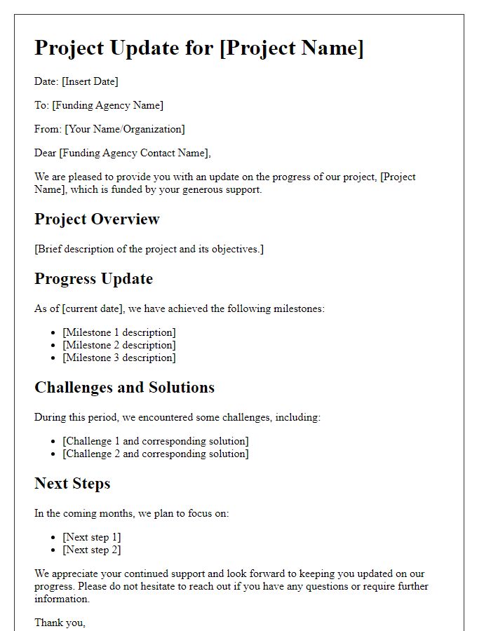 Letter template of project update for funding agency.