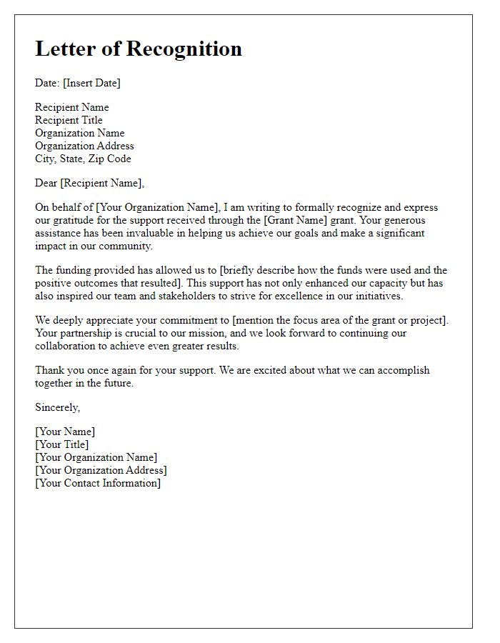 Letter template of recognition for support received through grant