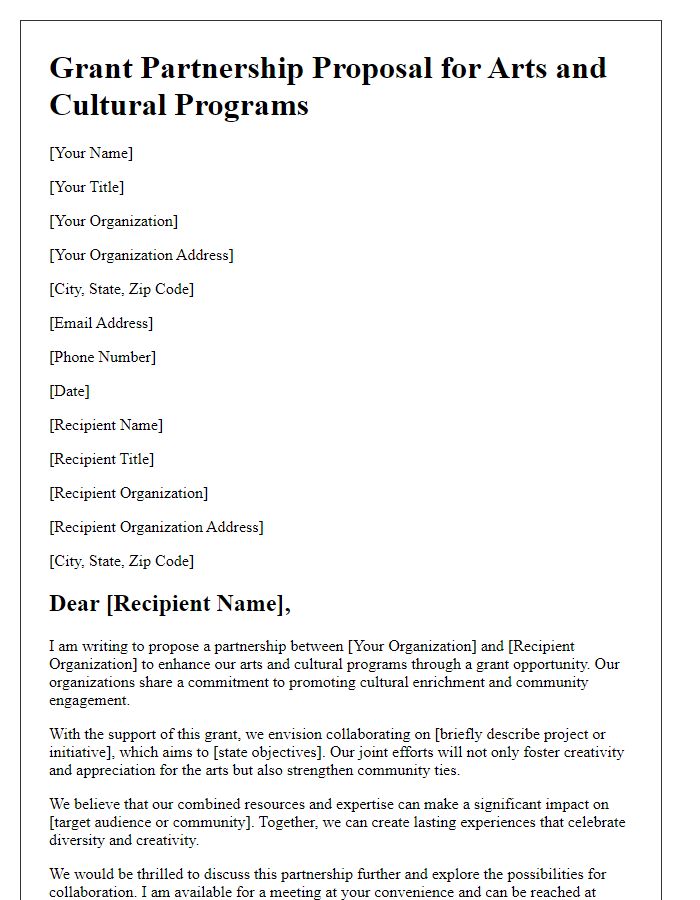 Letter template of grant partnership proposal for arts and cultural programs.