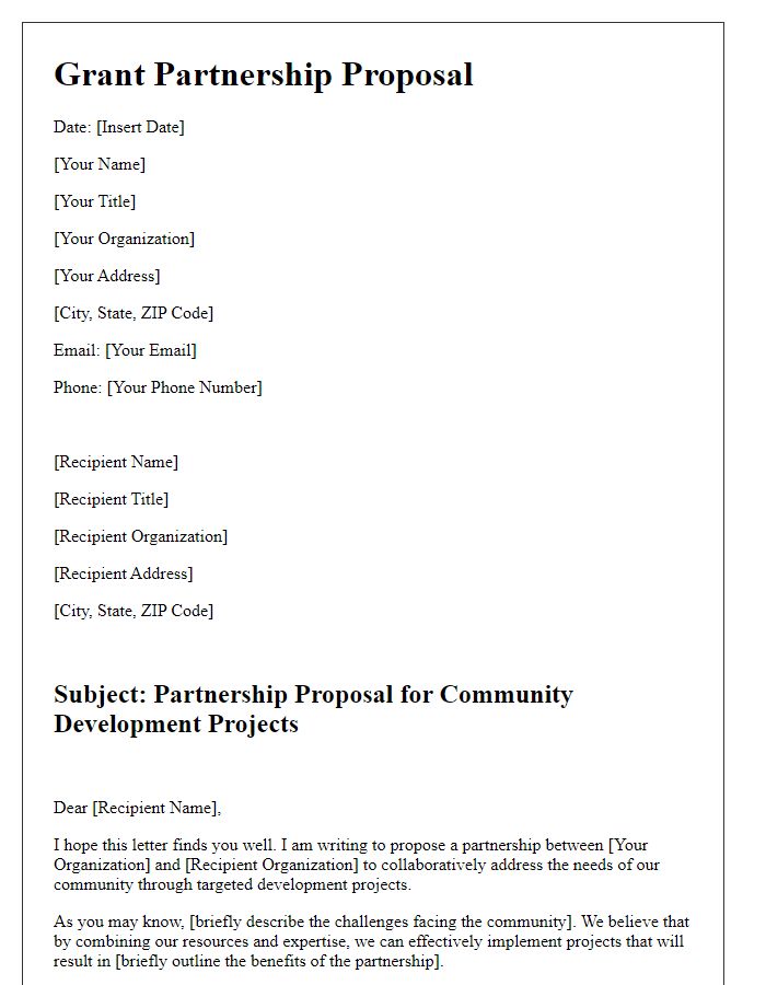 Letter template of grant partnership proposal for community development projects.