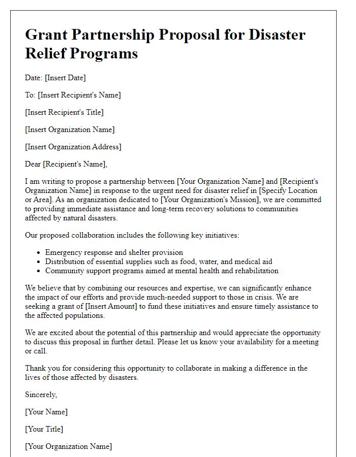 Letter template of grant partnership proposal for disaster relief programs.