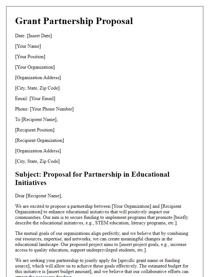 Letter template of grant partnership proposal for education initiatives.