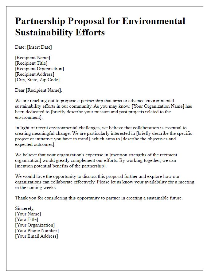 Letter template of grant partnership proposal for environmental sustainability efforts.