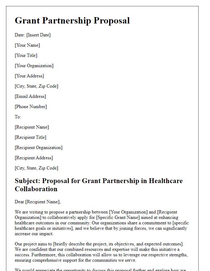 Letter template of grant partnership proposal for healthcare collaborations.