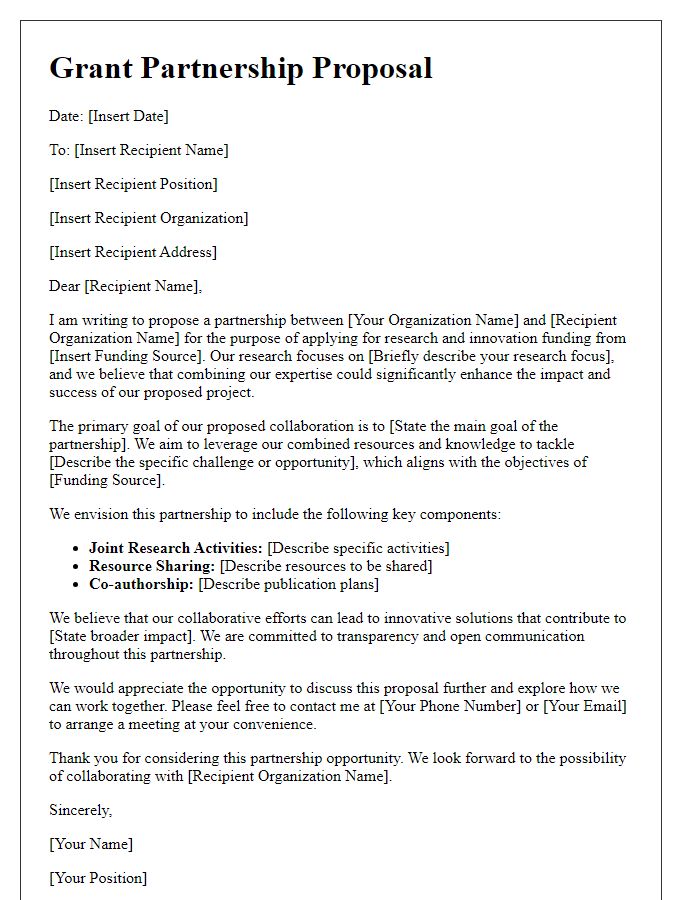 Letter template of grant partnership proposal for research and innovation funding.