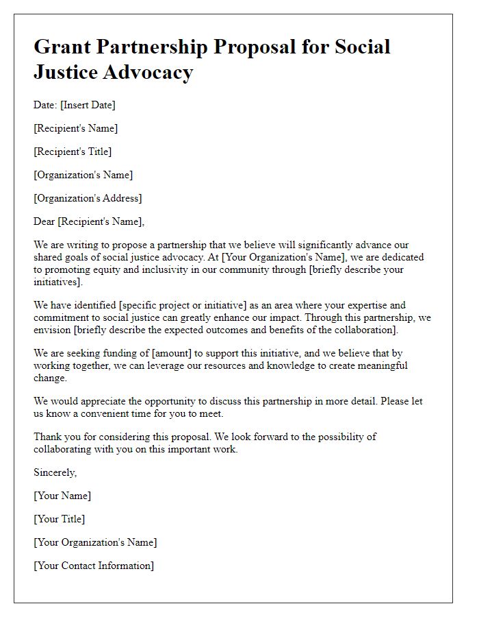 Letter template of grant partnership proposal for social justice advocacy.