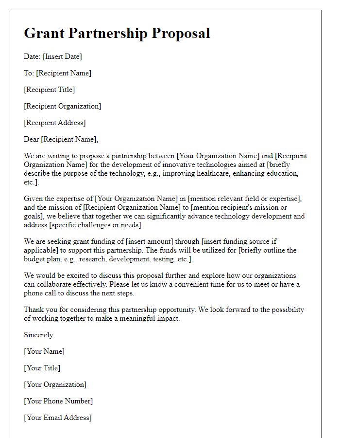 Letter template of grant partnership proposal for technology development.