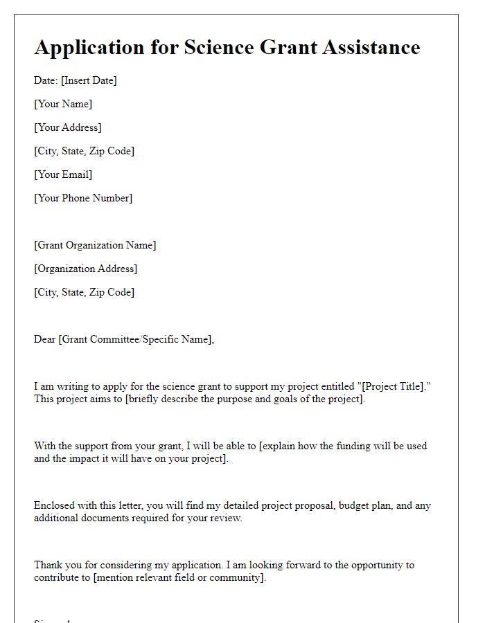 Letter template of application for science grant assistance