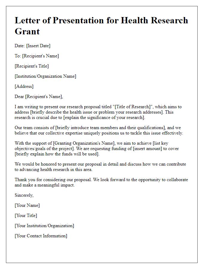 Letter template of presentation for health research grants