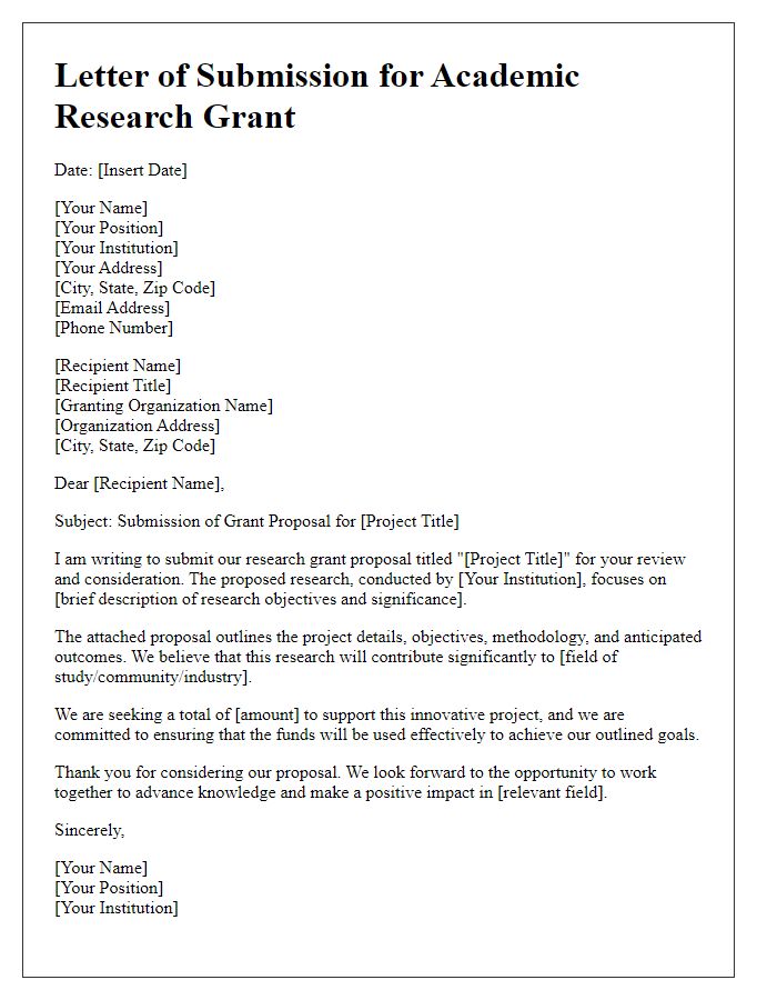 Letter template of submission for academic research grant