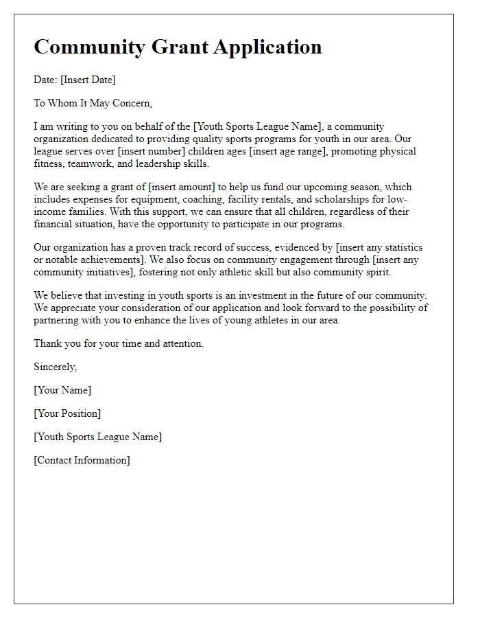 Letter template of community grant application for youth sports league