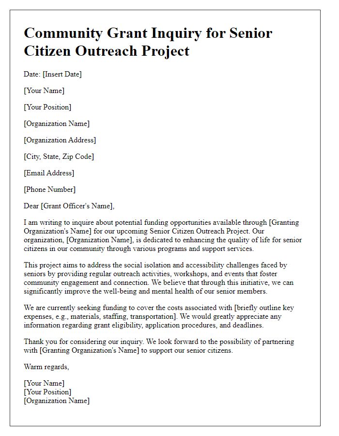 Letter template of community grant inquiry for senior citizen outreach project