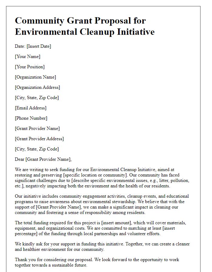 Letter template of community grant proposal for environmental cleanup initiative