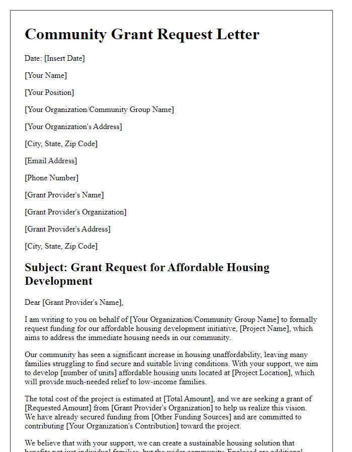 Letter template of community grant request for affordable housing development