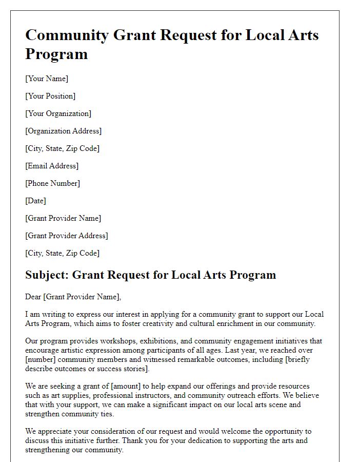 Letter template of community grant request for local arts program