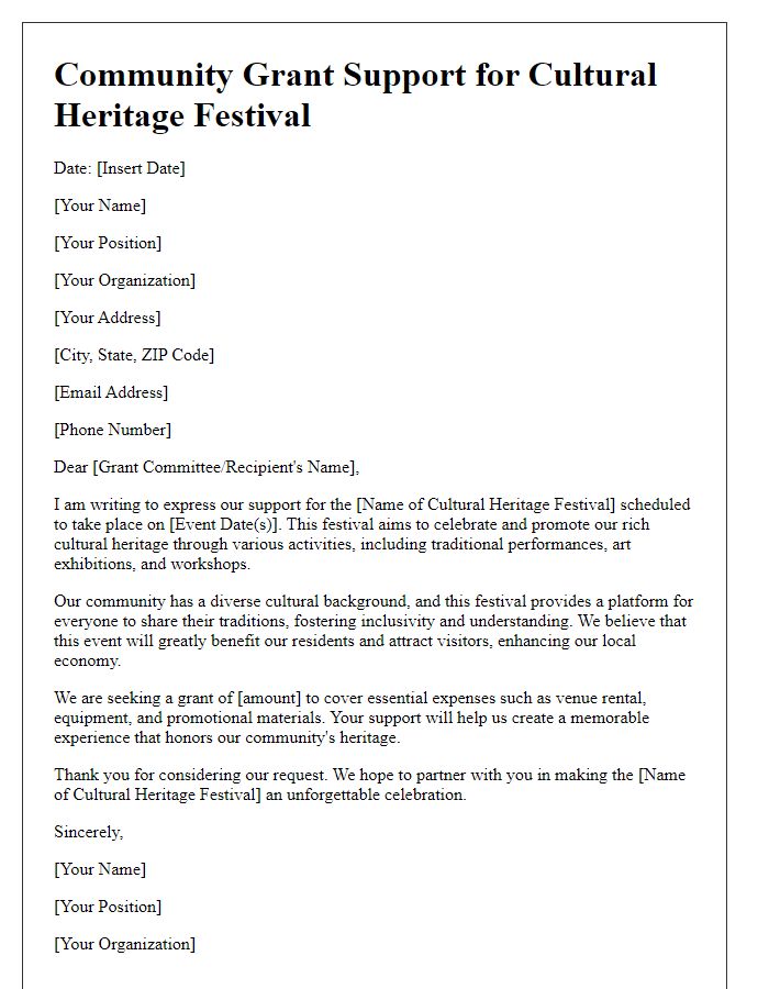 Letter template of community grant support for cultural heritage festival