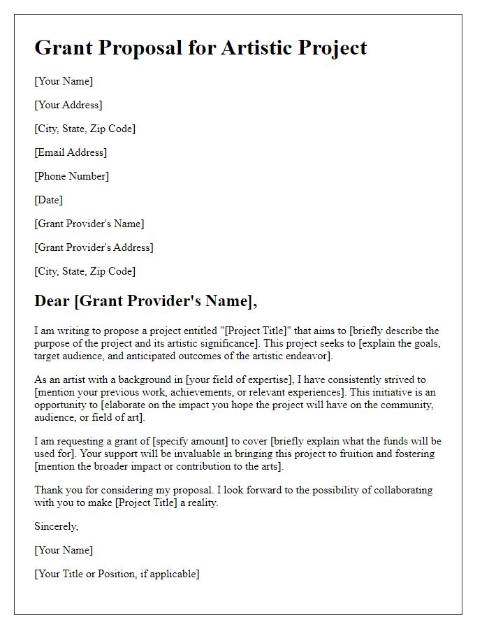 Letter template of grant proposal introduction for artistic projects