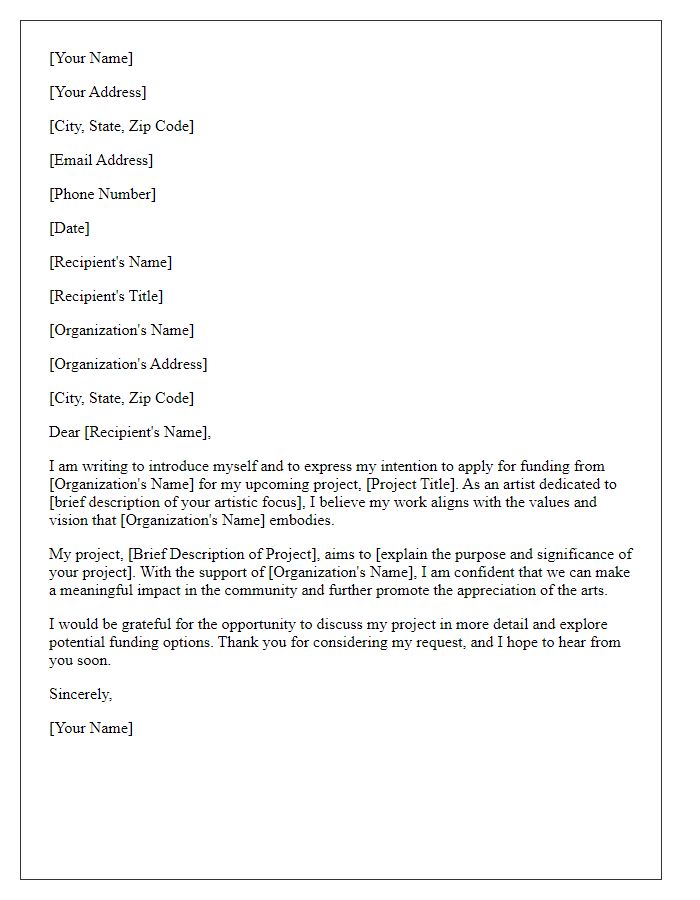 Letter template of introductory cover letter for arts funding request