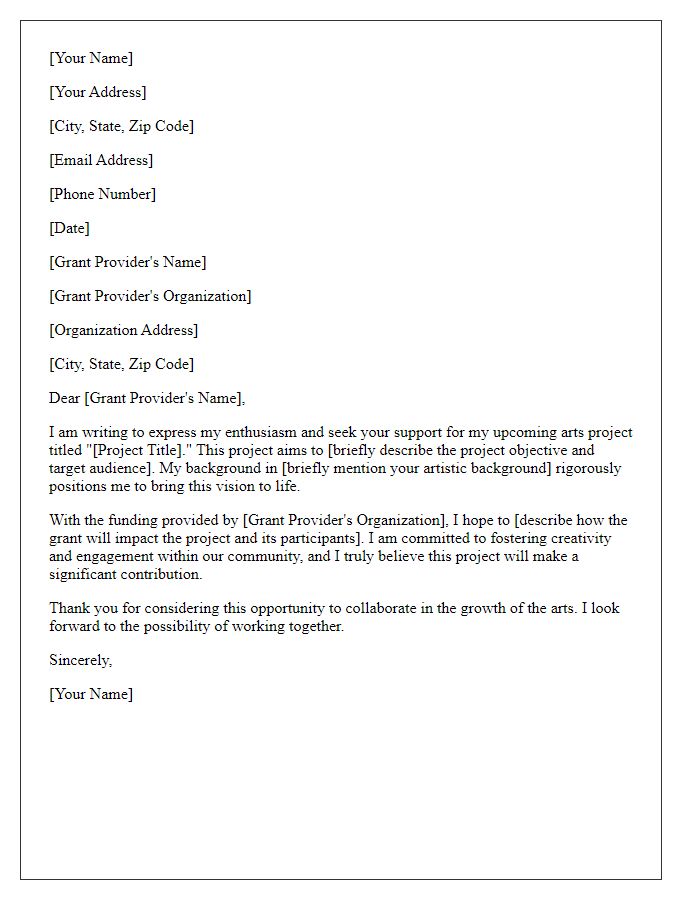 Letter template of introductory message for arts project grant application