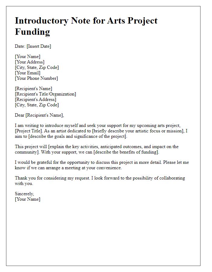 Letter template of introductory note for seeking arts project funding