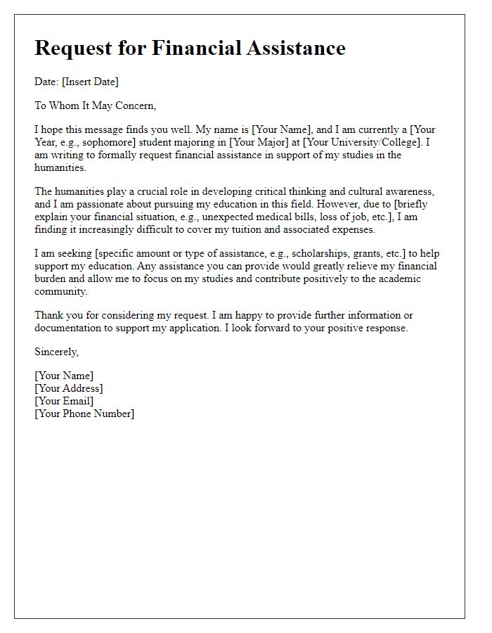 Letter template of request for financial assistance in humanities