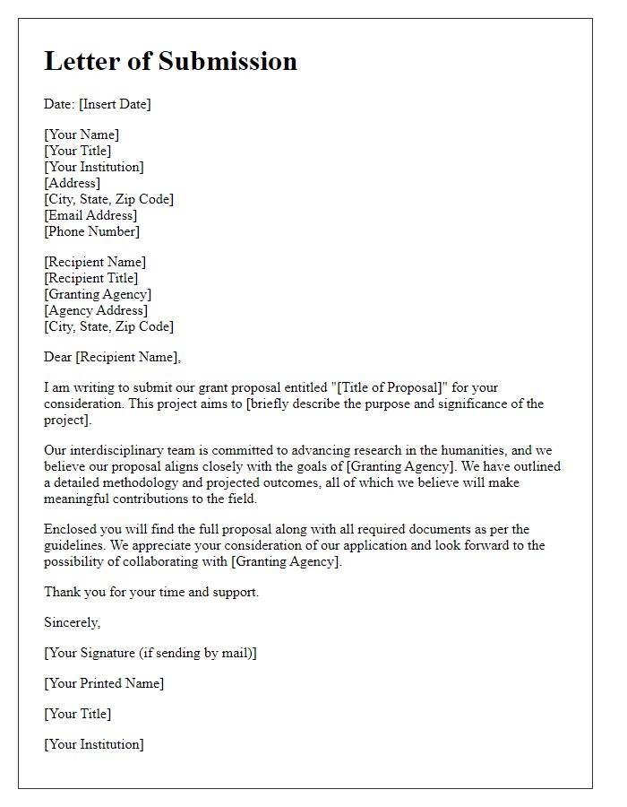 Letter template of submission for humanities grant proposal