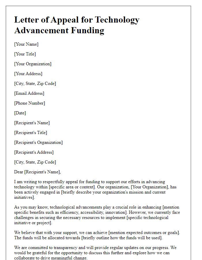 Letter template of appeal for technology advancement funding