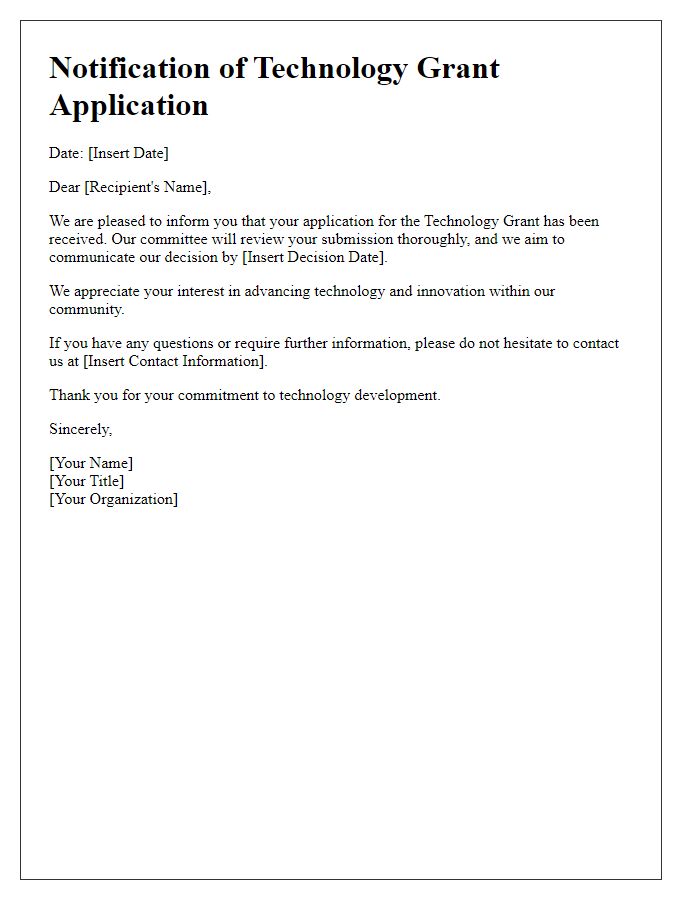 Letter template of notification for technology grant application