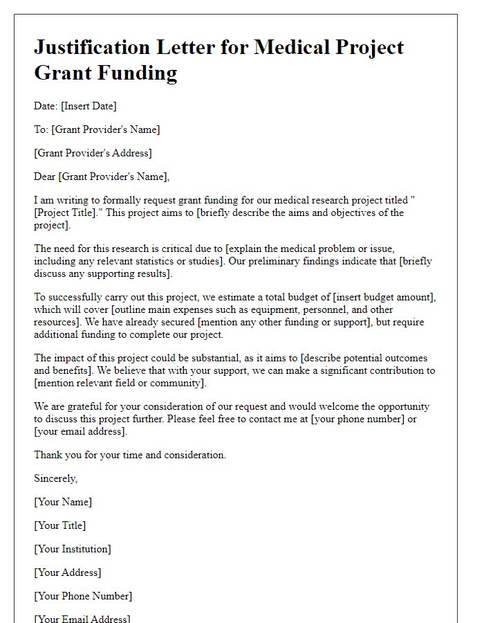 Letter template of justification for medical project grant funding