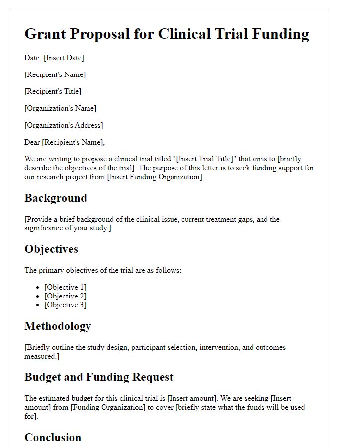 Letter template of proposal for clinical trial grant funding