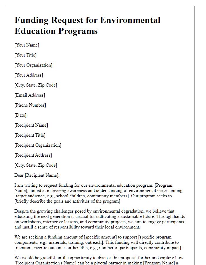 Letter template of funding request for environmental education programs