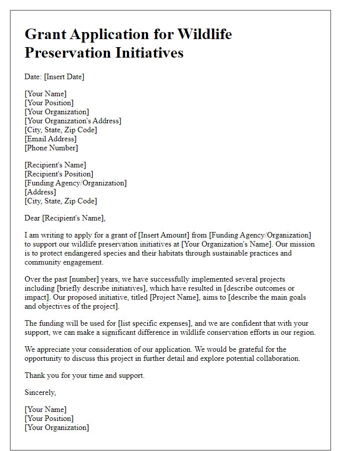 Letter template of grant application for wildlife preservation initiatives