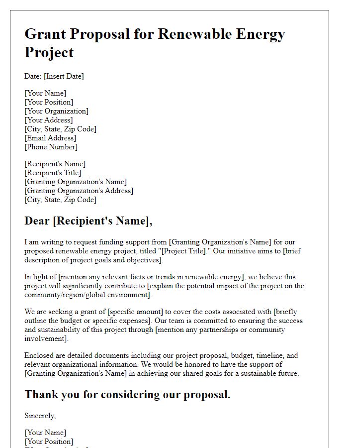 Letter template of proposal seeking grants for renewable energy projects