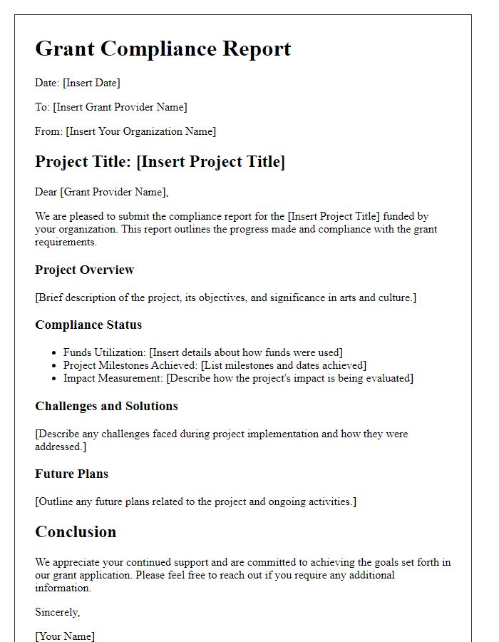 Letter template of grant compliance report for arts and culture projects