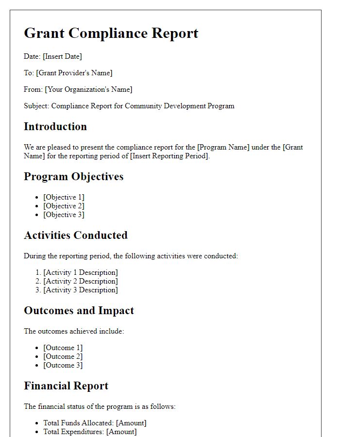 Letter template of grant compliance report for community development programs