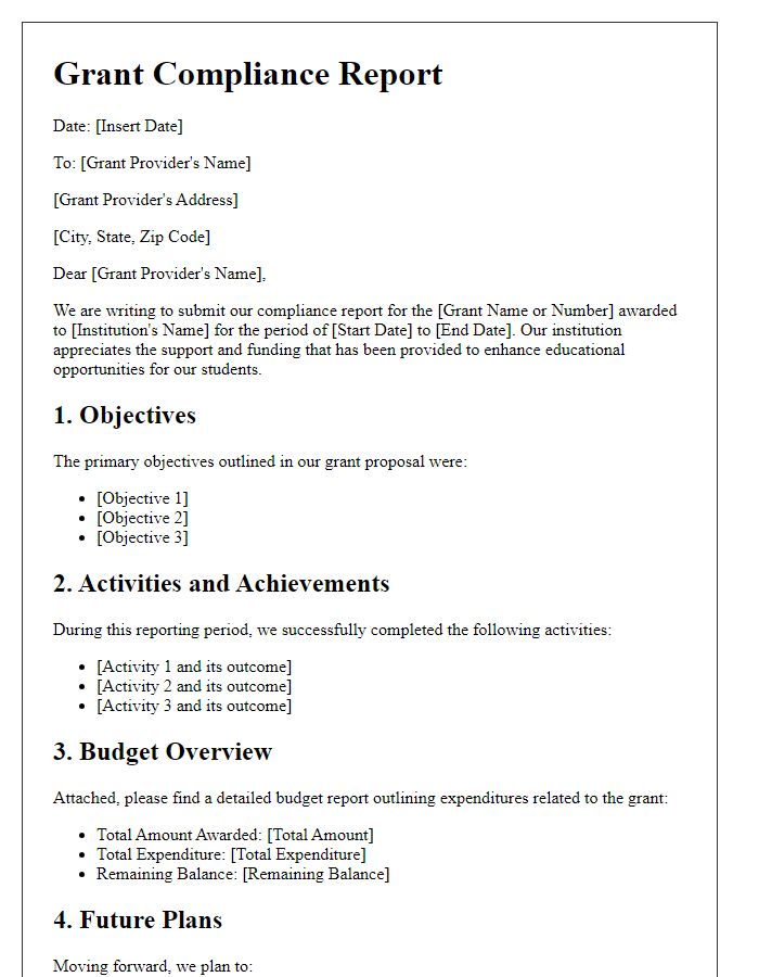 Letter template of grant compliance report for educational institutions