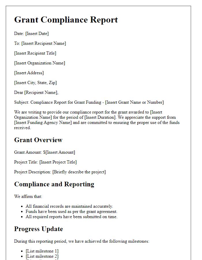 Letter template of grant compliance report for government funding