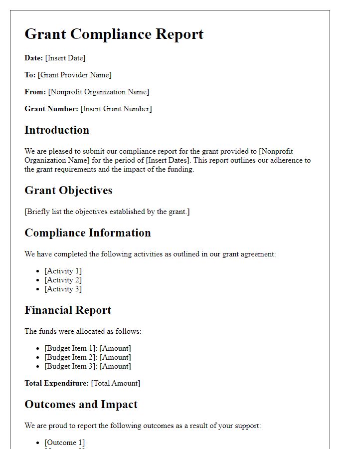 Letter template of grant compliance report for nonprofit organizations